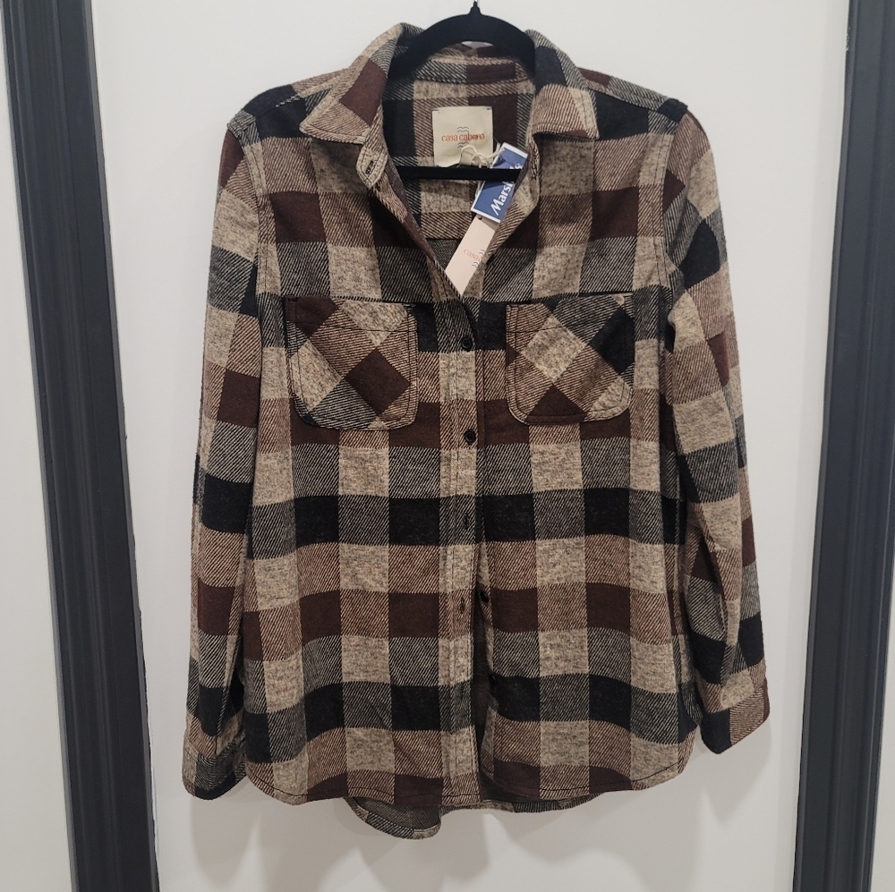 NEW Casa Cabana Sienna Brown Plaid Button Down Shirt size Medium